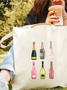 Champagne Bottle Print Kitchen canvas carry bag in Tan